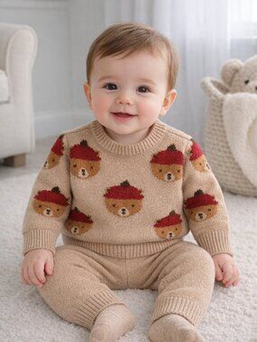 NWT Cloud Island Baby Boy 2-Piece Sweater Knit Set Bear Fall Winter Outfit